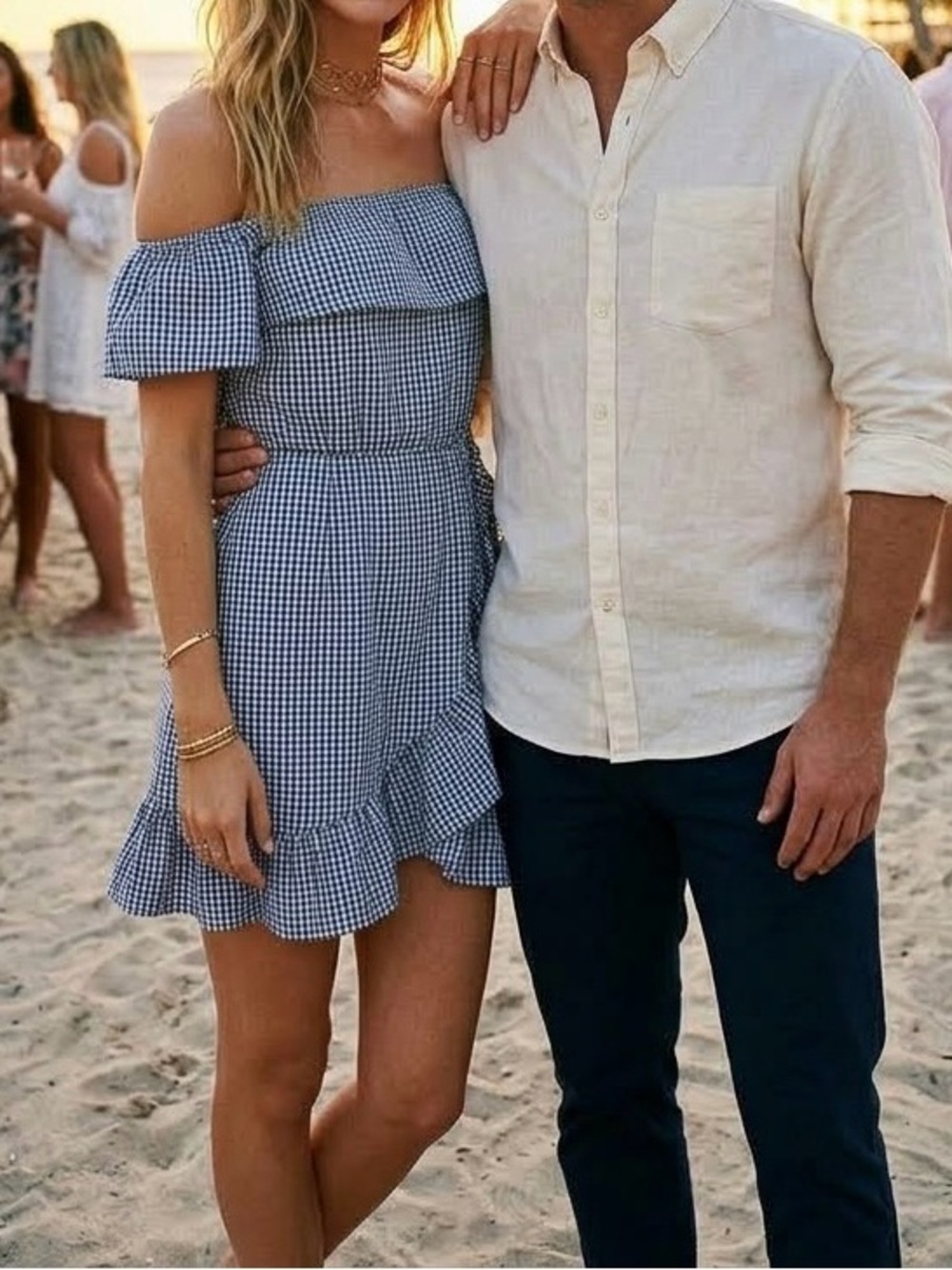 Lovers + Friends Navy Blue Gingham Dress -Off The Shoulder